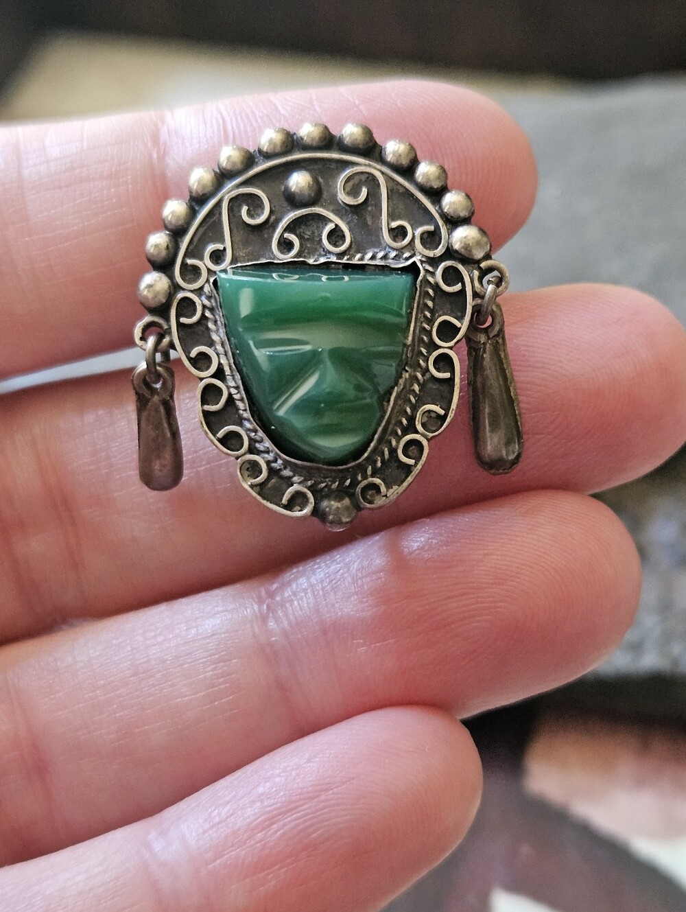 Taxco Aztec Green Jade Filigree Sterling Silver Earrings - Picture 6 of 8